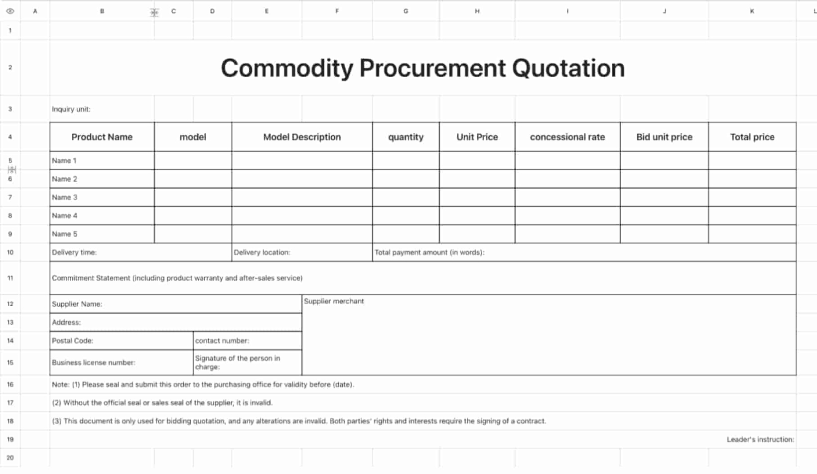 Quotation for purchase of goods